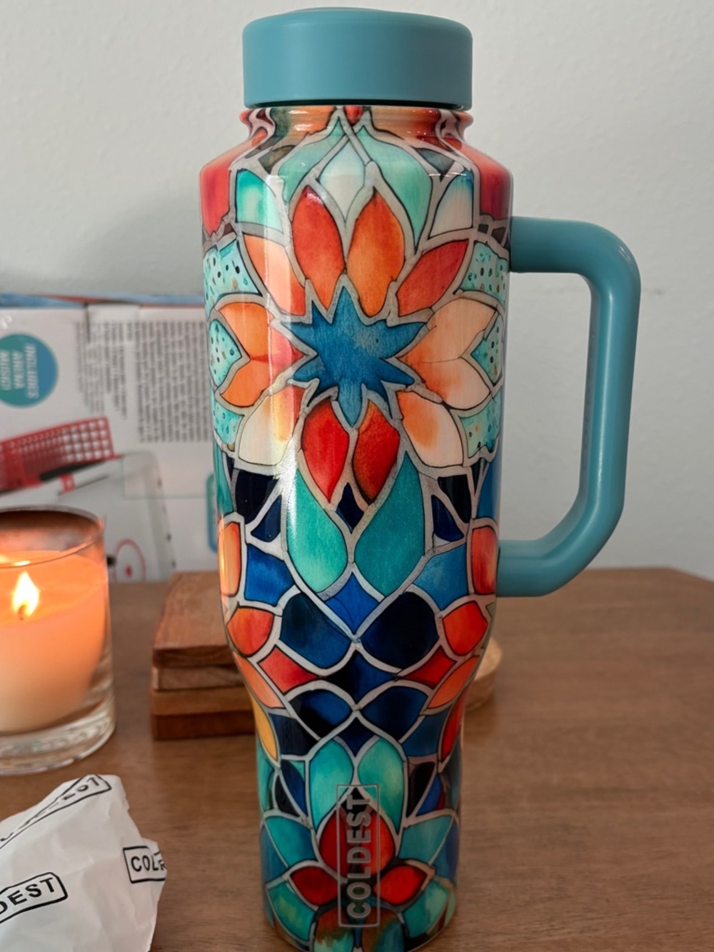 Coldest Water Bottle with Blue Turquoise Floral Mosaic Design